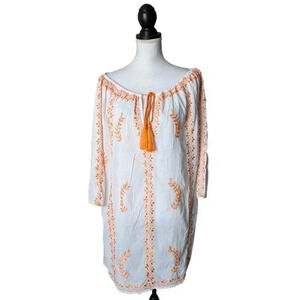 Juliet Dunn London White Orange Floral Embroidered Swim Cover Dress One Size